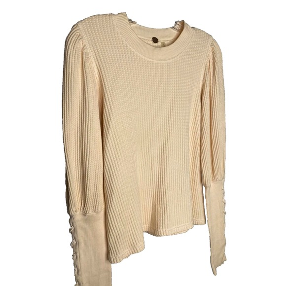 Free People FP One Tasha Thermal Waffle Knit S Lace Up Long Sleeve Top Blouse - Picture 2 of 7